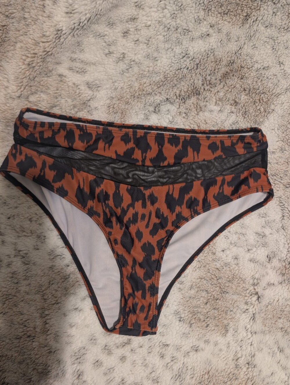 Animal Print High-Leg Bikini Bottoms with Sheer Black Mesh Detail XL